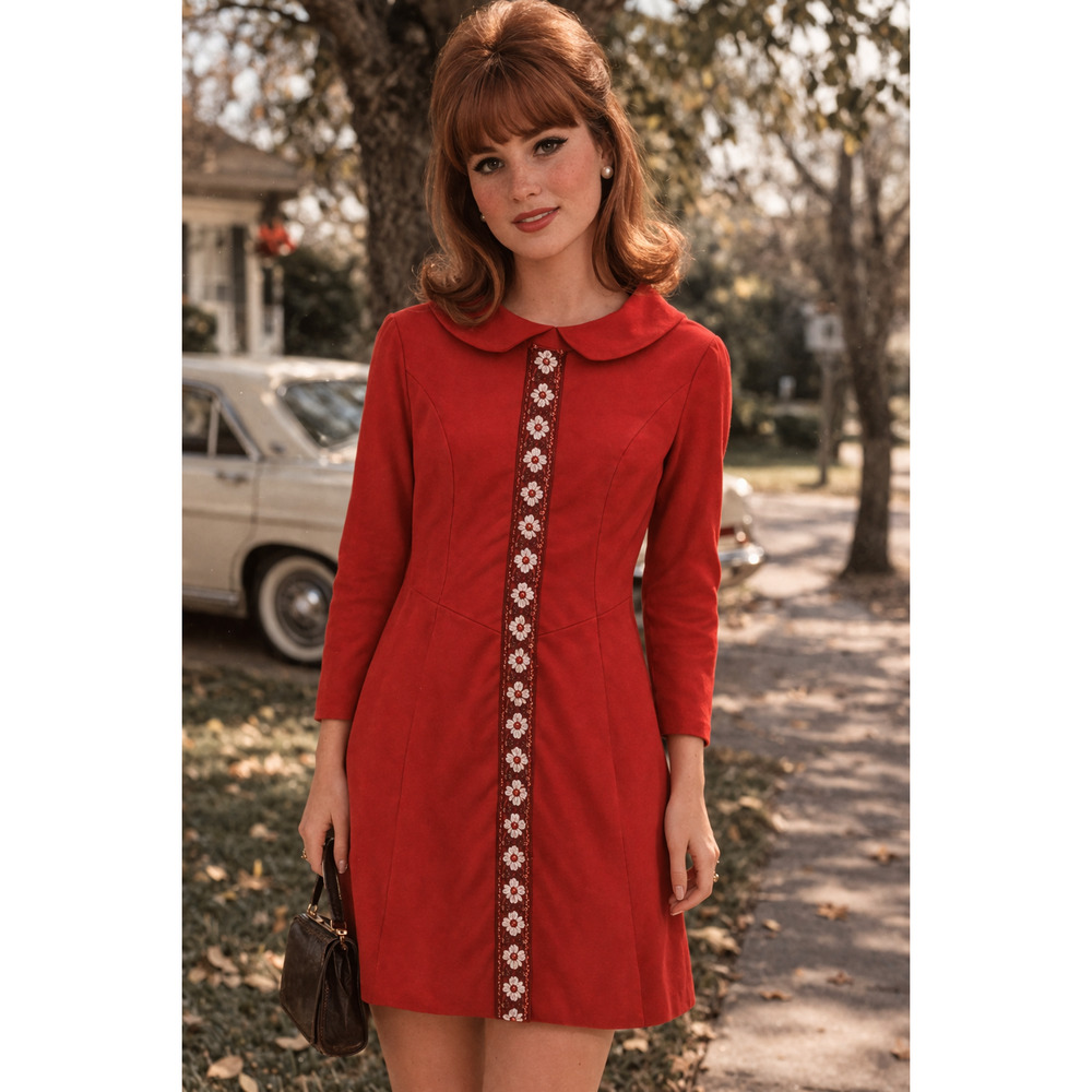 VTG Sears Red Mini Dress with Embroidered Center Trim
